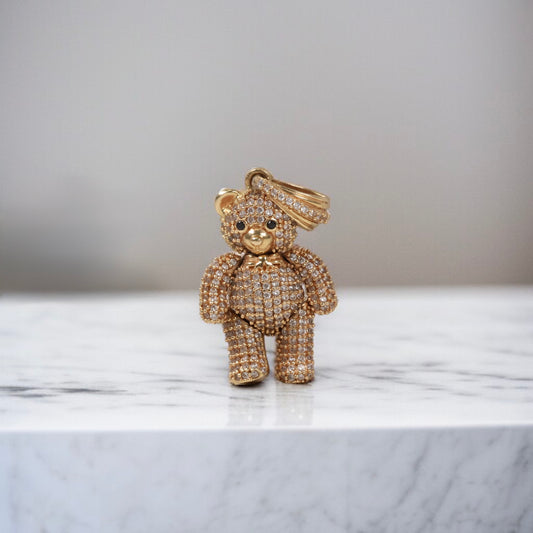 18K YG Articulated Bear Pendant / 8.62gr / 1.5in / White/Black Zircons