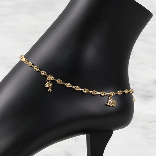 18K Yellow Gold Gc-Dolphin-Elephant-Cat-Holy Spirit-Ladybug Anklet / 4.3gr / 3.6mm / 9.5in
