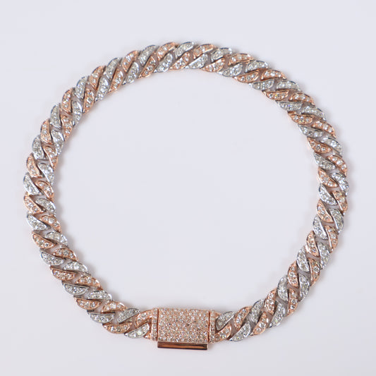 10K 2 Tone Diamond Cuban Links Bustdown Hallow Bracelet / 12.2gr / 6.5mm / 7.5in / 1.99Ct Dia
