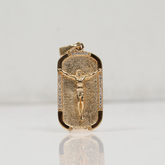 18K YG Plaque Of Jesus Christ Pendant / 6.25gr / 1.2in / White Zircons