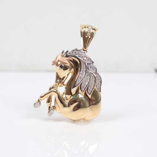 14K 2 Tone Horse Pendant / 10.3gr / 1.2in / White Zircons