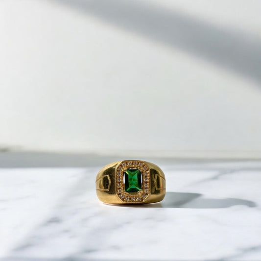 18K Yellow Gold Rustic Arrowed Halo Green Ring With Zircons / 8.1gr / Size 9.5