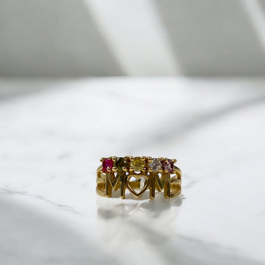 14K Yellow Gold Mom Ring With Zirconia / 3.4gr / Size 7.5