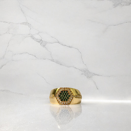18K Yellow Gold Green Honeycomb Ring With Zircons / 5.9gr / Size 9 3/4