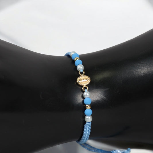 18K YG Virgin Of Guadalupe - Smooth Balls Bracelet Tejido / 0.4gr / Adjustable /