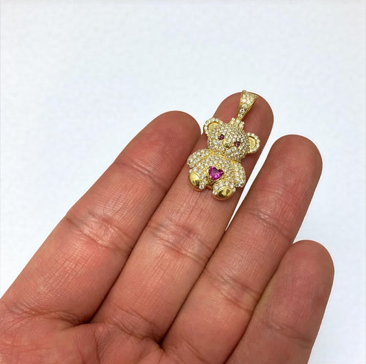 10K Yellow Gold Diamond Bear-Heart Fucshia Pendant 1.06Ct Dia / 3.79gr / 1.3in