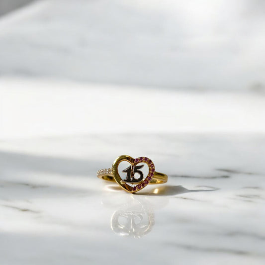 18K Yellow - White Gold Heart 15S Ring With Zircons / 2.3gr / Size 7 1/4