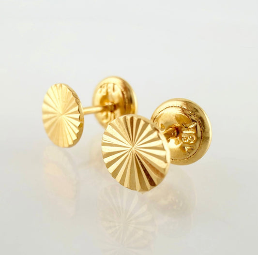 18K Yellow Gold Flat Circle Diamond Cut Stud Earrings / 0.62gr / 7mm