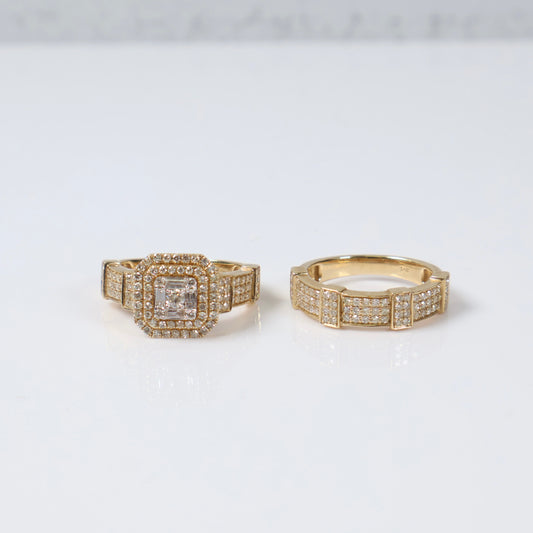 14K YG Diamond Square Fashion Duo Engagement Ring / 9.22gr / Sz 6.5 / 1Ct Dia