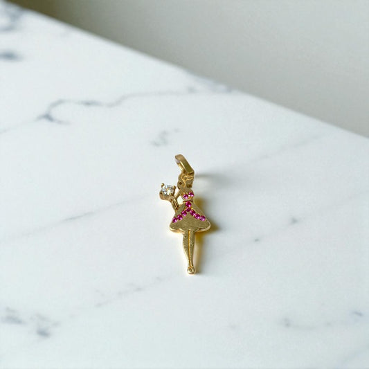 14K Yellow Gold Lady Pendant With Fucshia Zircons / 1gr / 1in