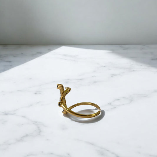 18K Yellow Gold Curved Cross Ring With Zircons / 2.6gr / Size 7 1/4
