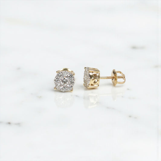 14K YG Diamond Flower Luxury Stud Earrings / 2.32gr / 8mm / D-1Ct