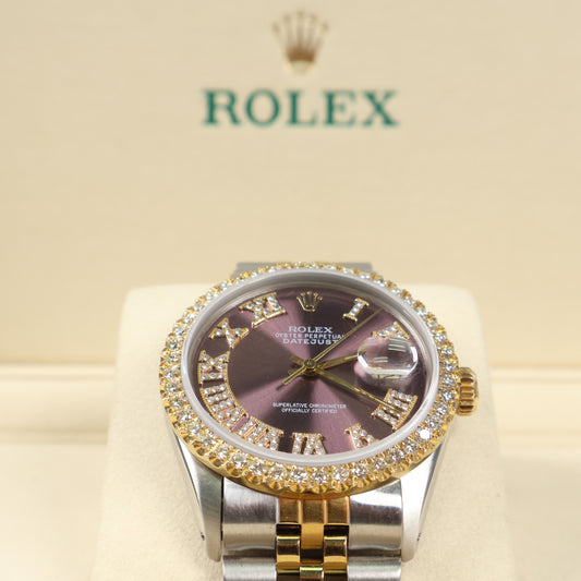 Rolex Datejust Purple Face Dia Dial Roman Numbers - Diamond Bezel Ref 16013 Watch / 36mm /
