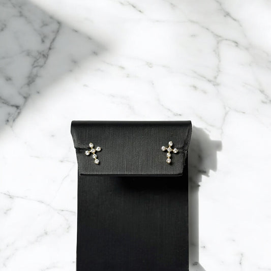 14K Yellow Gold Cross Stud Earrings With Zircons / 0.46gr