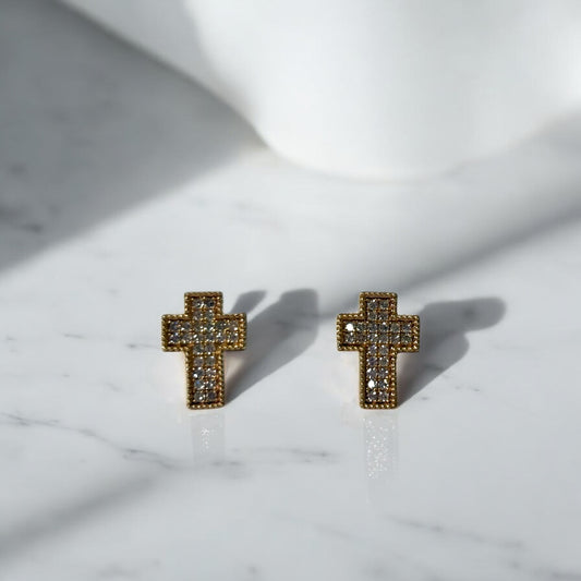 14K Yellow Gold Diamond Cross Stud Earrings 0.25Ct / 1.7gr