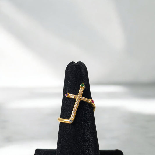 18K Yellow Gold Curved Cross Ring With Colored Zircons / 2.7gr / Size 6