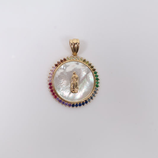 14K YG Virgin Of Guadalupe Pendant / 4.25gr / 1in / Colored Zircons