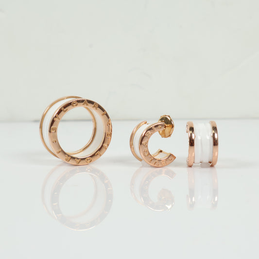 18K RG BVLGARI B.Zero1 Ceramic Ring Rose 18K And Earrings Set Set Jewelry / 18.33gr / Sz 6 Ring
