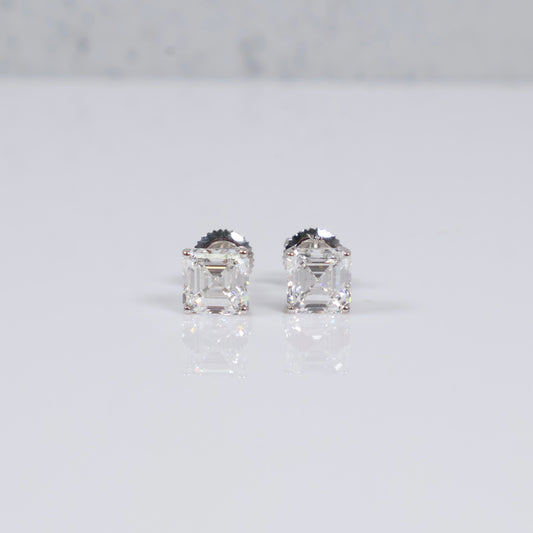 14K WG Lab Diamond Asscher Cut Stud Earrings / 1.40gr / 6mm / 3 CTTW Lab VS / E-F