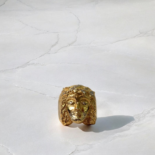 18K Yellow - White Gold Jesus Face Ring With Zircons / 12.8gr / Size 14,5