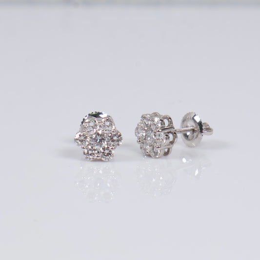 14K WG Lab Diamond Flower Stud Earrings / 1.65gr / 8mm / 1 CTTW Lab VS / E-F