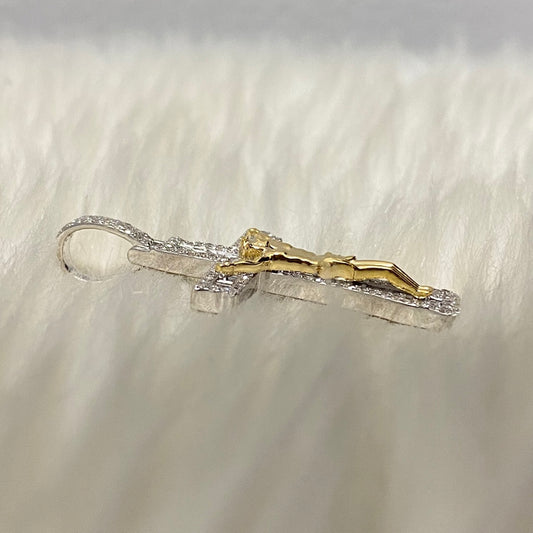 10K White-Yellow Gold Diamond Crusifix Pendant 1Ct Dia / 5.4gr / 1.5in