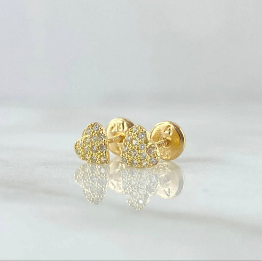 18K Yellow Gold Plane Heart Stud Earrings With Zircons / 0.92gr / 5mm