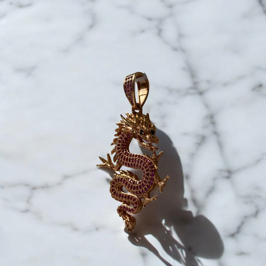 18K Rose Gold Dragon Pendant With Fucshia/Black Zircons / 8.5gr