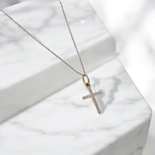 14K 2 Tone Diamond Little Cross Set Jewelry / 1.36gr / 0.7mm / 18in / Wt Dia