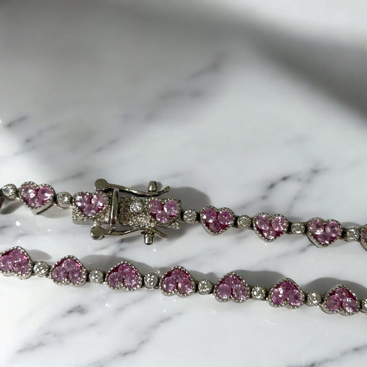 14K White Gold Diamond Hearts Chain 1.10Ct Dia/8.11Sap / 36.1gr / 4.8mm / 18in