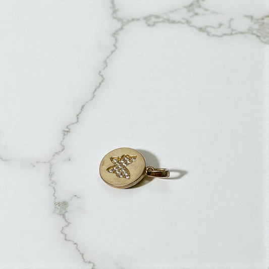 14K Yellow Gold Butterfly Circle Pendant With Zircons / 1.2gr / 0.7in