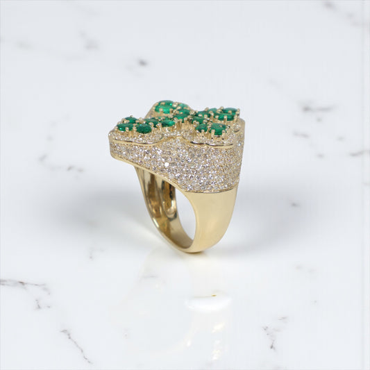 10K YG Diamond Cross With Emerald Rings / 13.2gr / Sz 10 / Eme-2.5Ct / D-2.9Ct