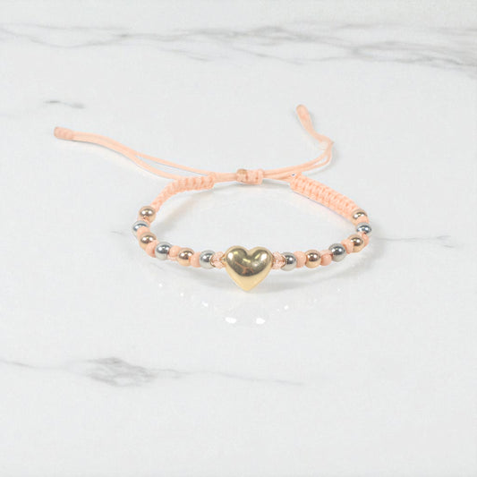 18K 2 Tone Heart-Smooth Balls Bracelet Tejido / 1.59gr / Adjustable /