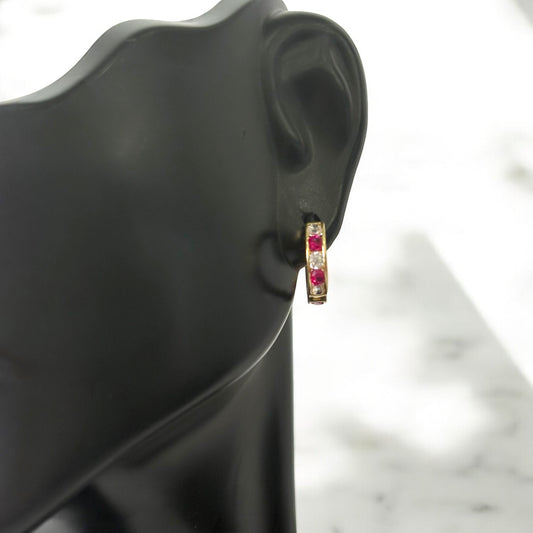 14K Yellow Gold Luxury Redstone Hoop Earrings / 1.3gr