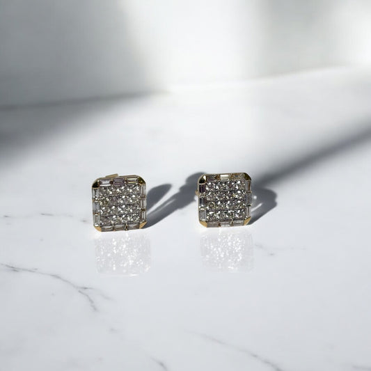 14K Yellow Gold Diamond Square Stud Earrings 0.70Ct / 2.9gr