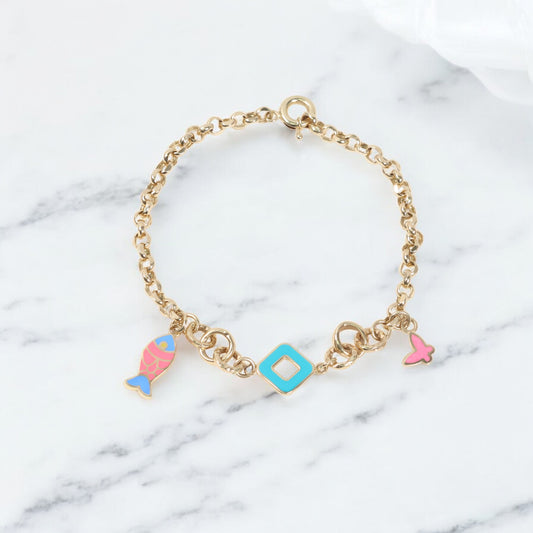 14K Yellow Gold Roll-On With Charms Fish/Butterfly Bracelet / 6gr / 4mm / 7.5in