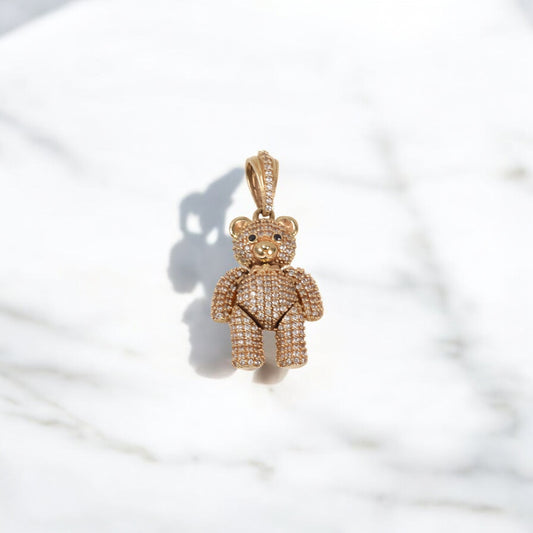 18K YG Articulated Bear Pendant / 8.62gr / 1.5in / White/Black Zircons