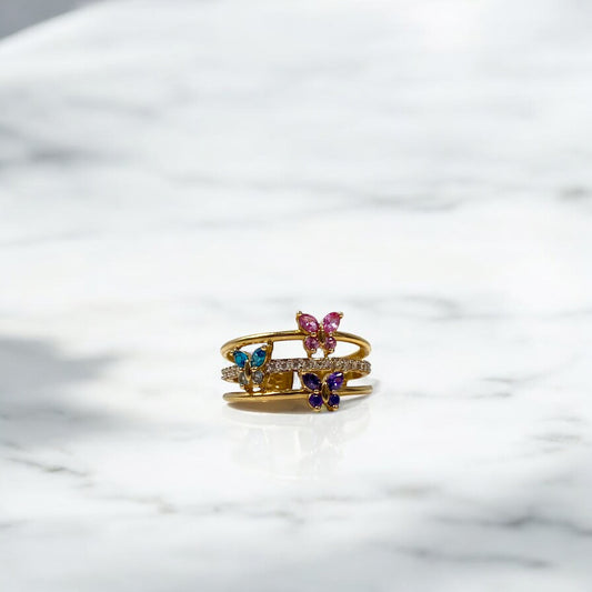 18K Yellow Gold Three-Line Butterflies Ring With Colored Zircons / 4.4gr / Size 7 1/4