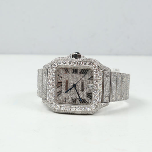 Cartier Santos Bustdown White Roman Numbers - Big Diamonds Bezel Watch / 41mm / Wt Dia
