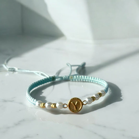 18K Yellow Gold Tejida Letter Y Circle Mate- Smooth Balls Bracelet Adjustable / 0.72gr