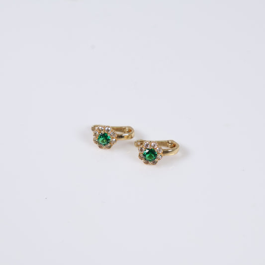 14K Yellow Gold Luxury Flower Stud Earrings With Green Zircons / 1.3gr