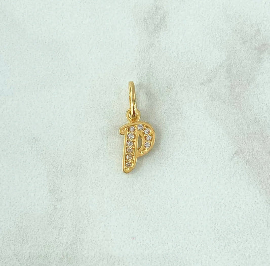 18K Yellow Gold Letter P Italics Pendant With Zircons / 0.64gr / 0.6in