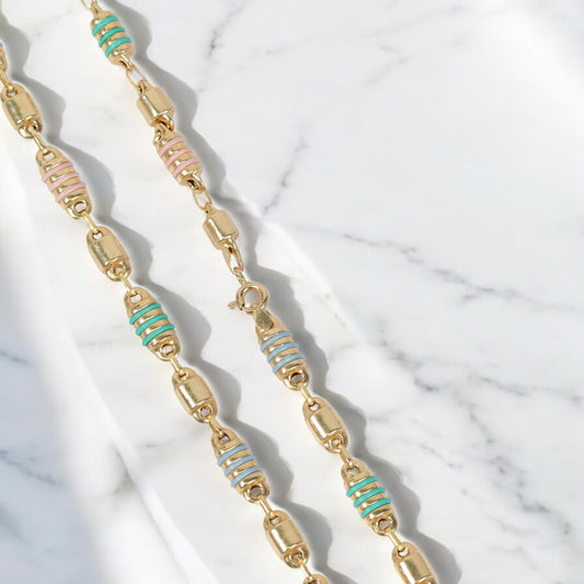 18K Yellow Gold Rustic Cylinder Chain Colored Rubber / 12.3gr / 5mm / 20in