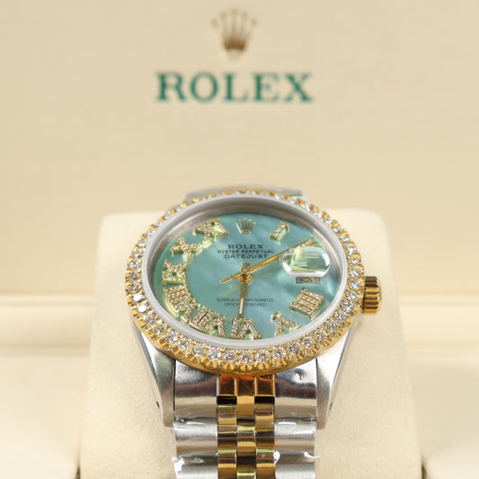 Rolex Datejust MOP Cyan Dia Dial Roman Numbers - Diamond Bezel Ref 16013 Watch / 36mm /