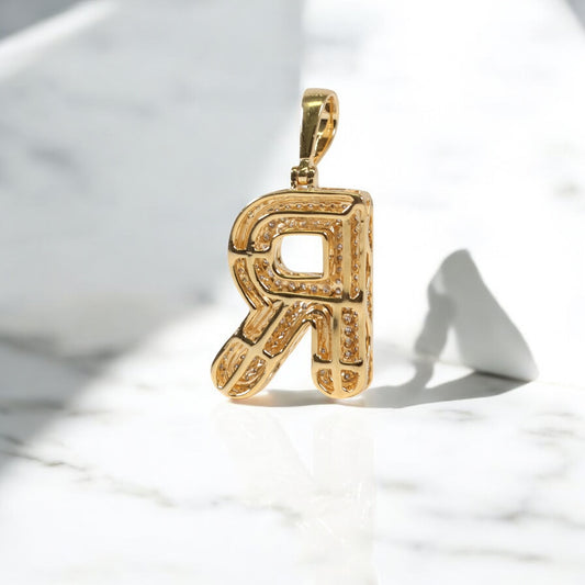 10K YG Diamond Letter R Pendant / 2.5gr / 1.1in / 0.5Wt Dia