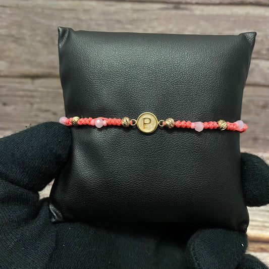 18K Yellow Gold Tejida Letter P With Pink Resin- Diamond Cut Balls Bracelet Adjustable / 1gr