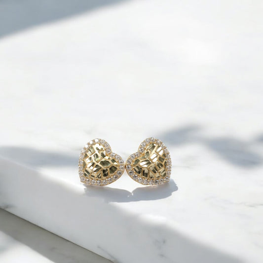 14K YG Luxury Heart Stud Earrings / 2.51gr / 13mm /