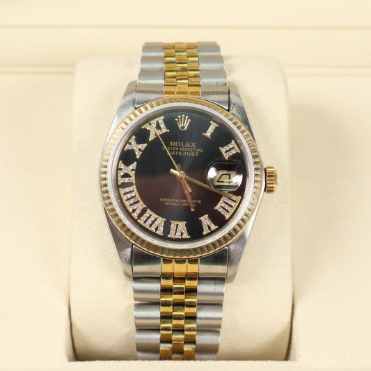 Rolex DateJust Dia Dial Roman Numbers Black Face Ref 16013 Watch / 36mm /