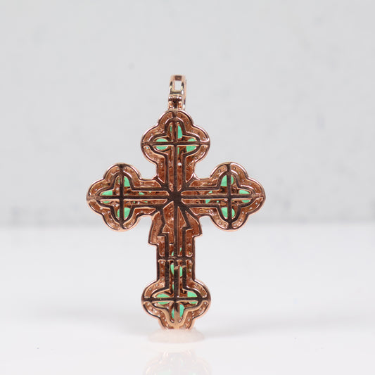 10K RG Diamond Cross - Jesus Face With Emerald Pendant / 9.1gr / 1.7in / D-1.05Ct / E-2.10