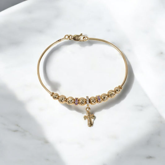 18K Yellow Gold Pd Cross Military Balls Diamond Cut Bracelet With Lila-White Zircons / 7.7gr / 5mm Y 6mm